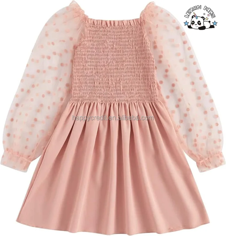 LEZONKIDS - Vestido de verão personalizado para meninas com bolinhas, babado de malha, manga longa, franzido e saia evasê, tamanho 7 anos, cor rosa